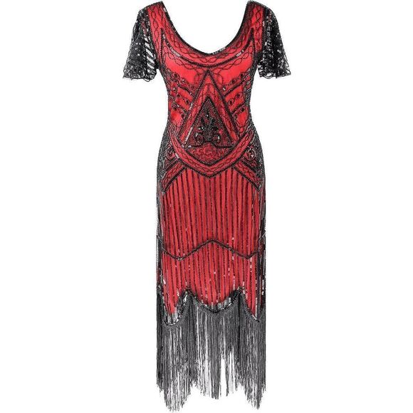 ❤️✨ Flapper Great Gatsby 1920s Retro Tassel Fringe Sequin Midi Red Dress M NEW - Picture 3 of 13